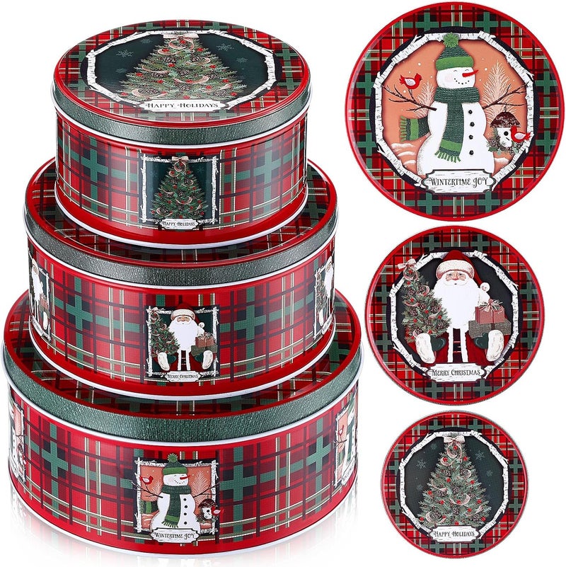 Lingvee 3 Pcs Christmas Cookie Tin with Lids for Gift Giving Tin Containers Round Festive Cookie Tins Metal Nesting Containers Large Medium Small - Image 1